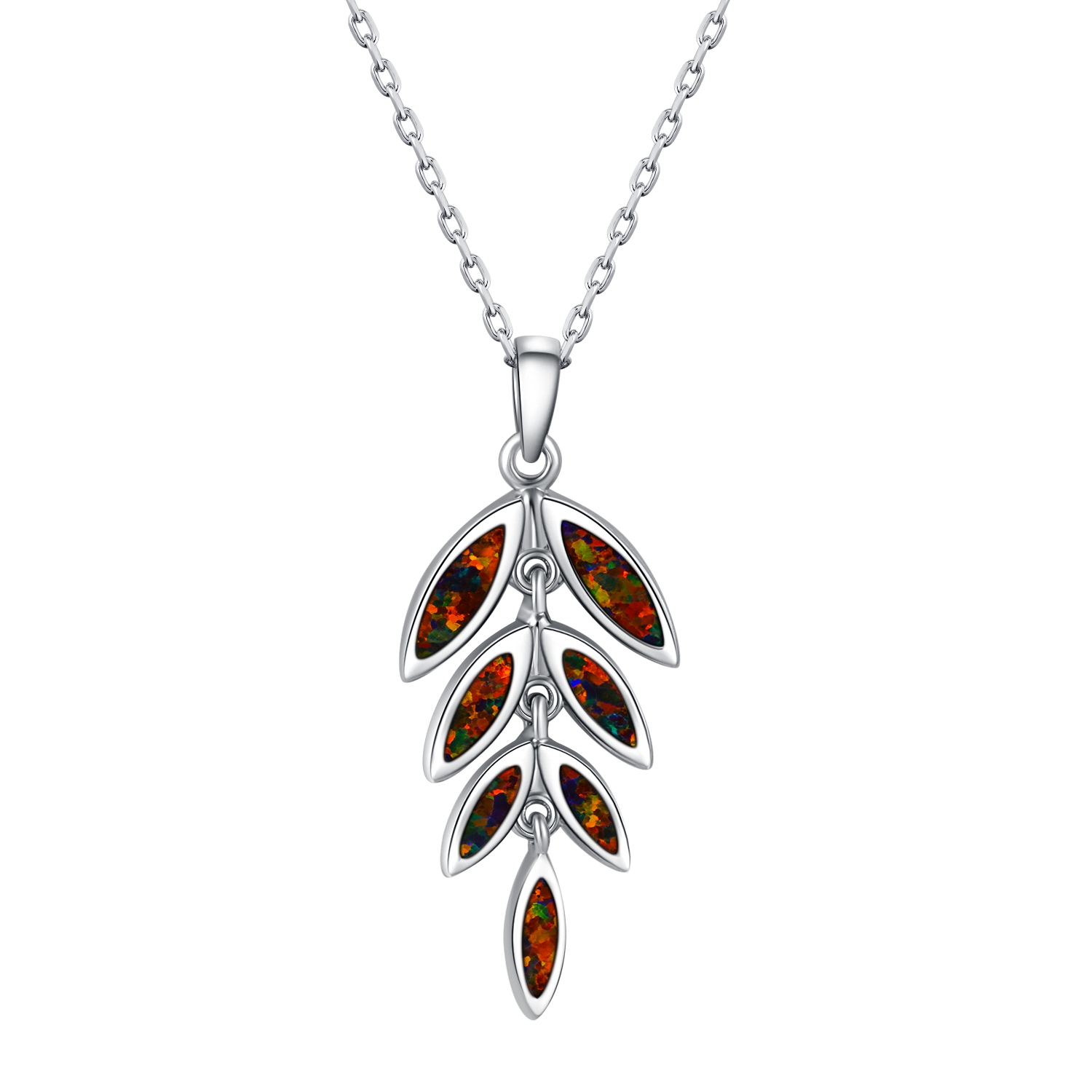 Beautiful Hawaiian Sterling Silver Opal Gem Created   Pendant necklace Olive Leaf Opal Jewelry for Women red Opal Maile Leaf Necklace