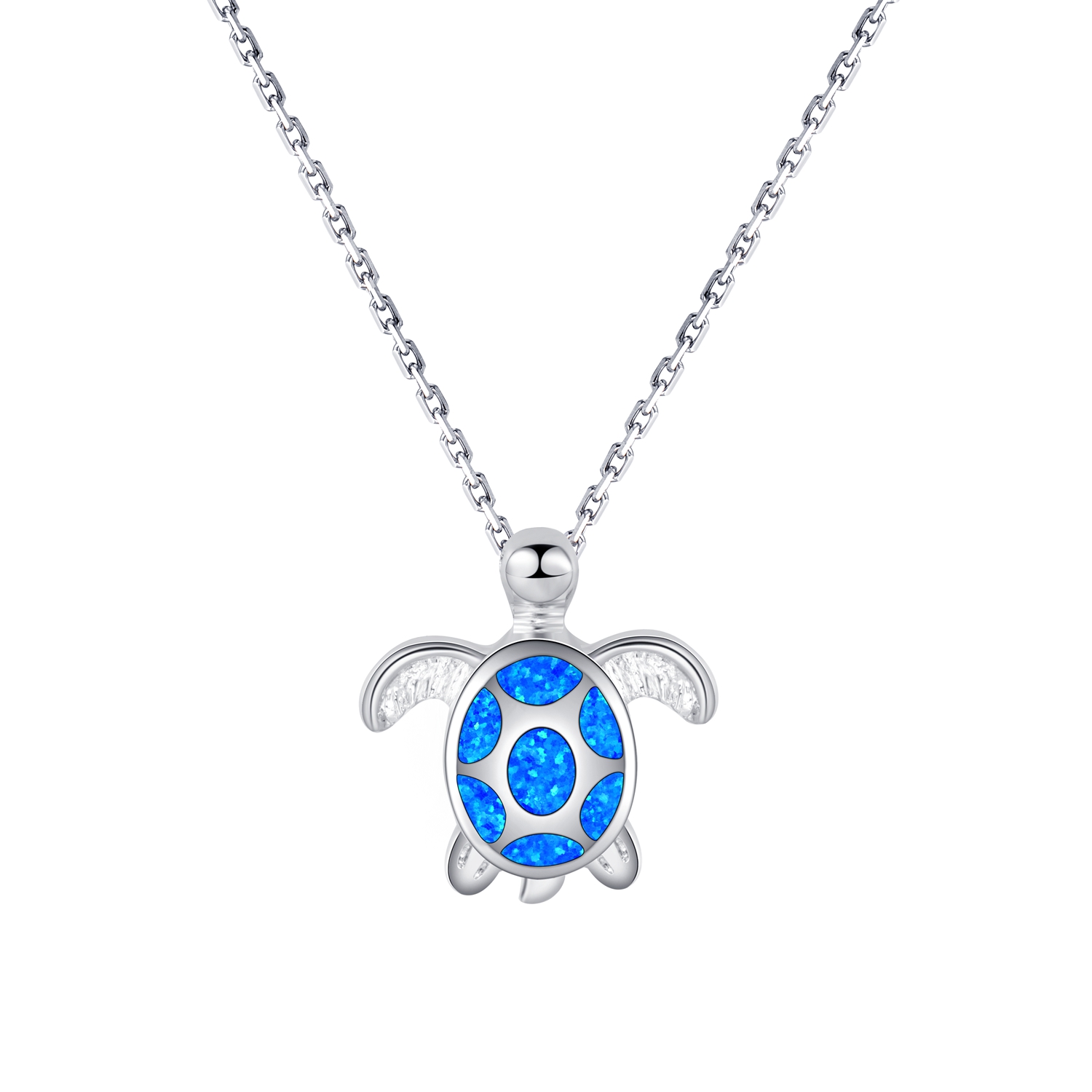 Sea Turtle Sterling Silver 925 Pendant with Deep Blue Fire Opal Inlay