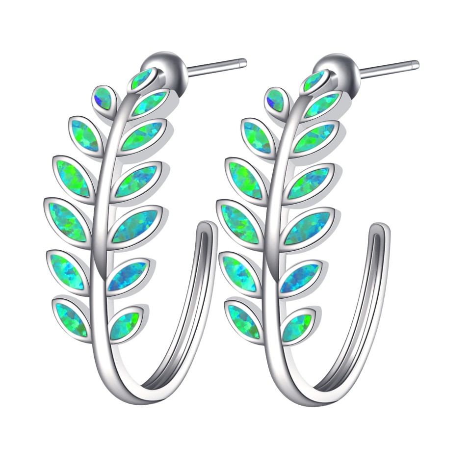 925 Sterling Silver Blue Opal Maile Leaf Stud Earrings