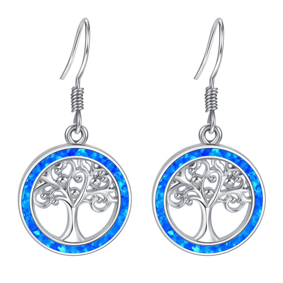 Sterling Silver Tree of Life Blue Opal Earrings