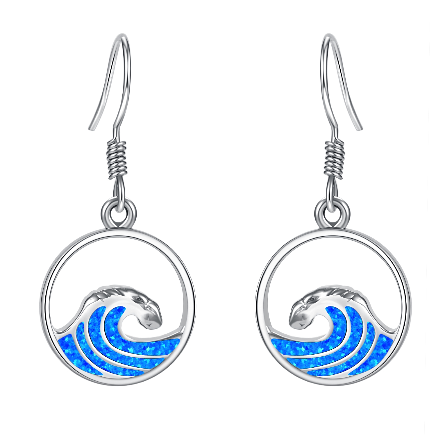 925 Sterling Silver Blue Opal Wave  Dangle Drop Hook Earrings