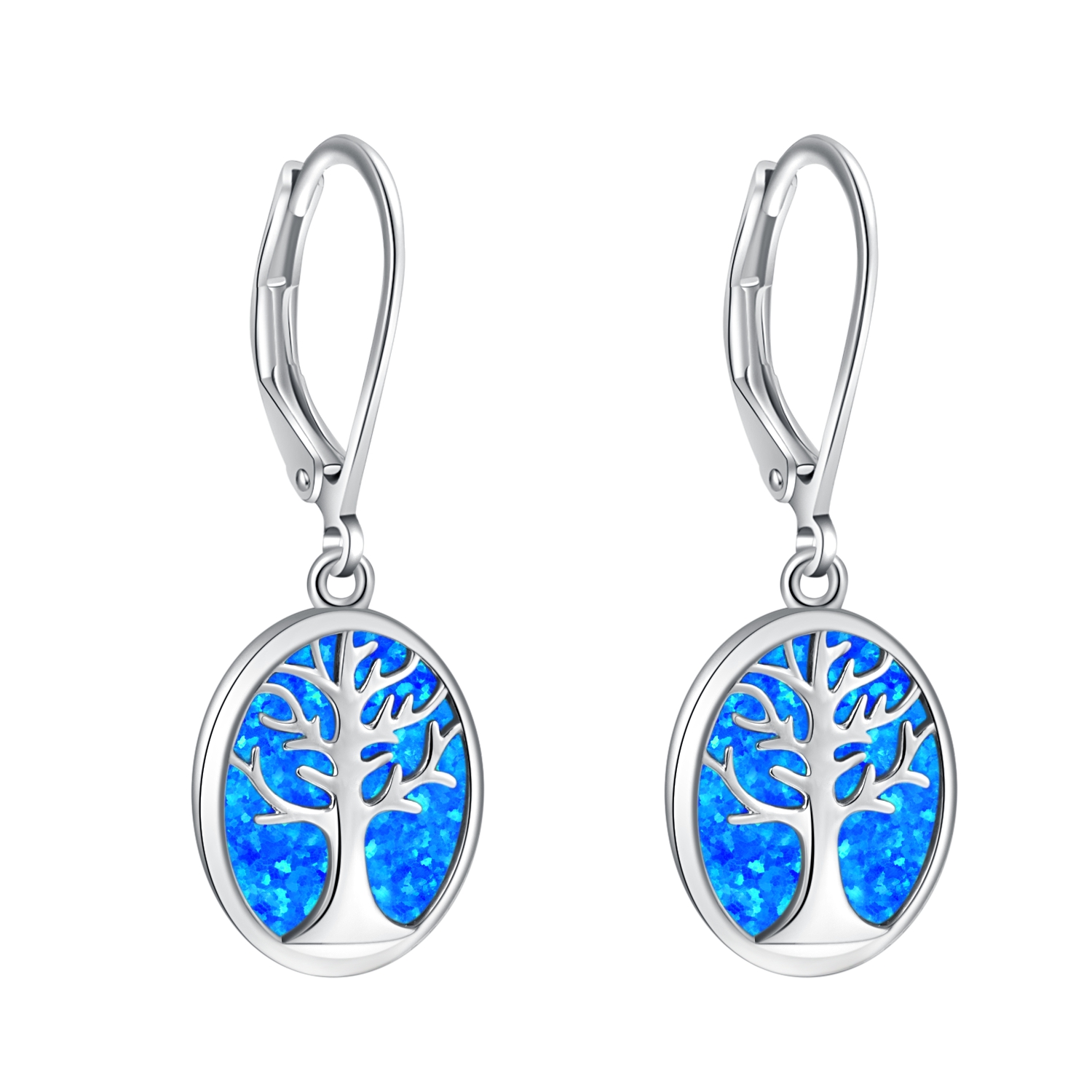 Sterling Silver  Creat Opal Tree of Life Leverback Earrings