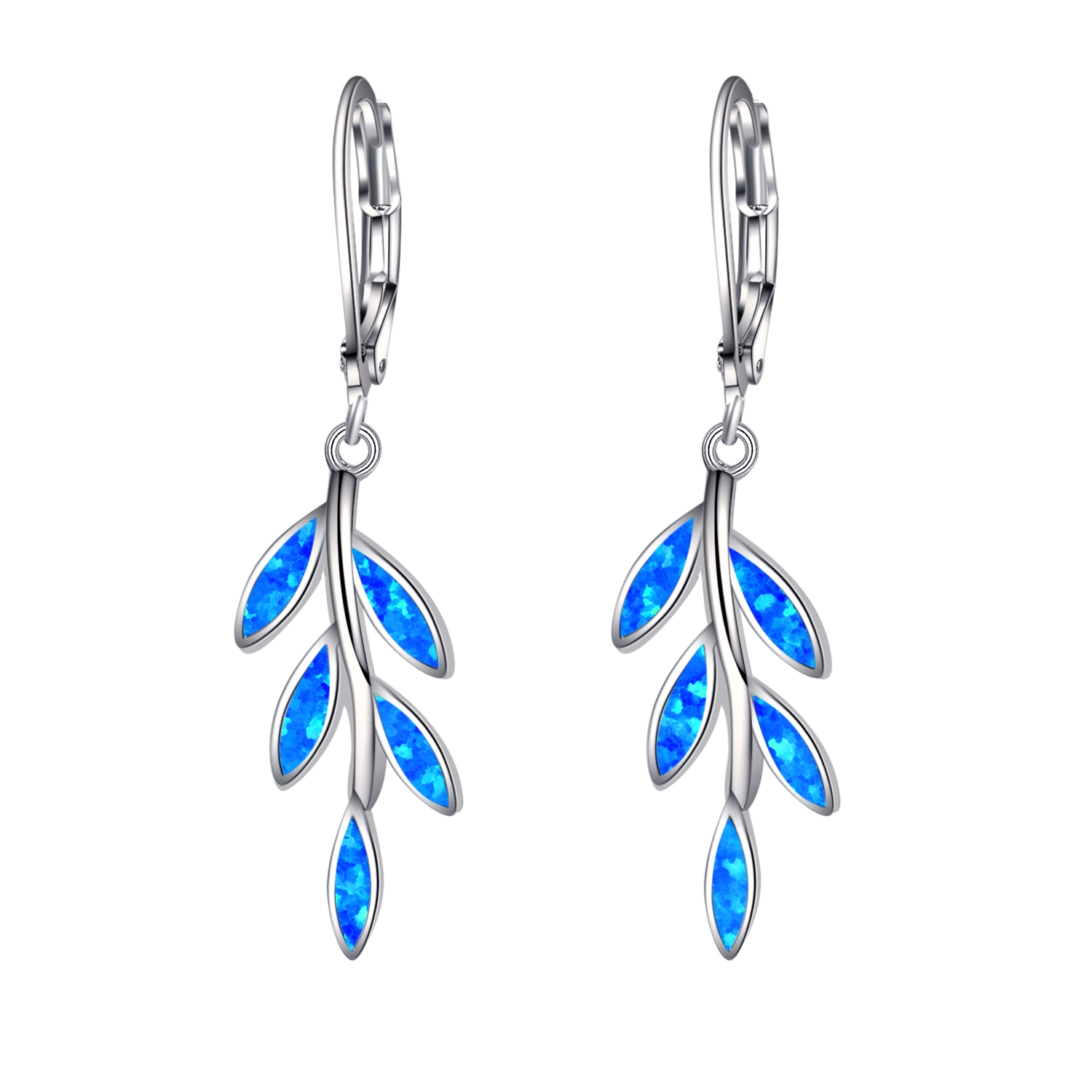 Silver Blue Opal Olive Tree Branch Leaf Long Earrings