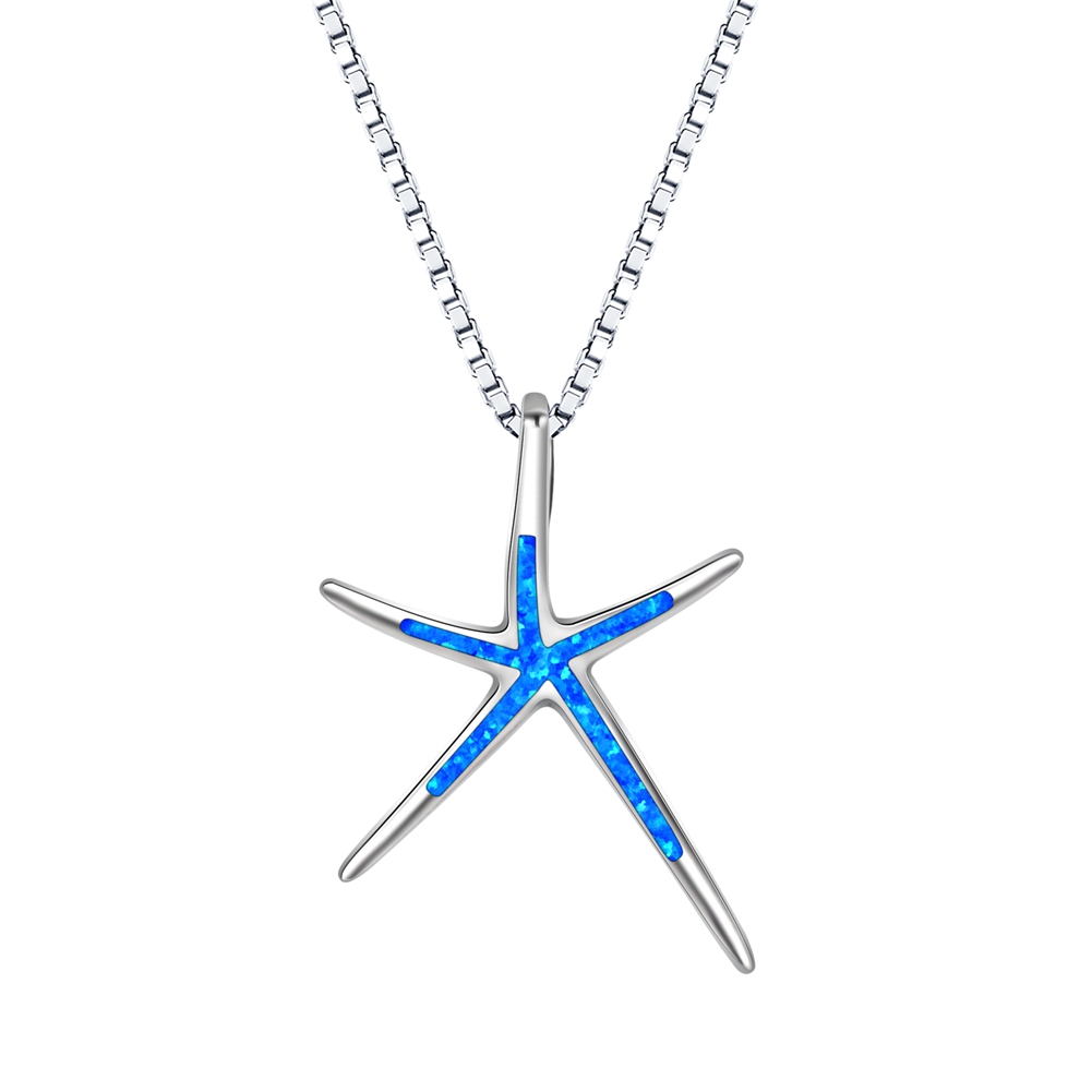 925 Sterling Silver Blue Simulated Opal Starfish Pendant Necklace