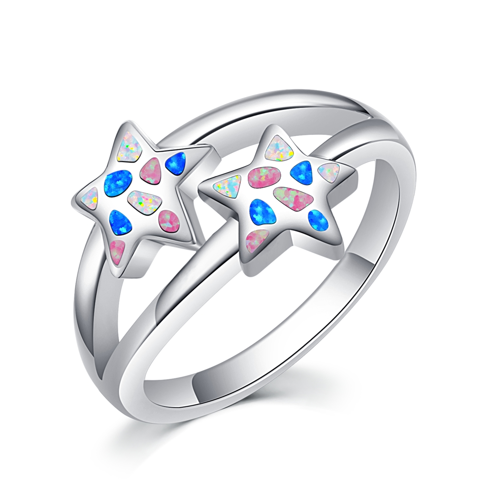 925 Sterling Silver Created Blue Opal Double Starfish Ring