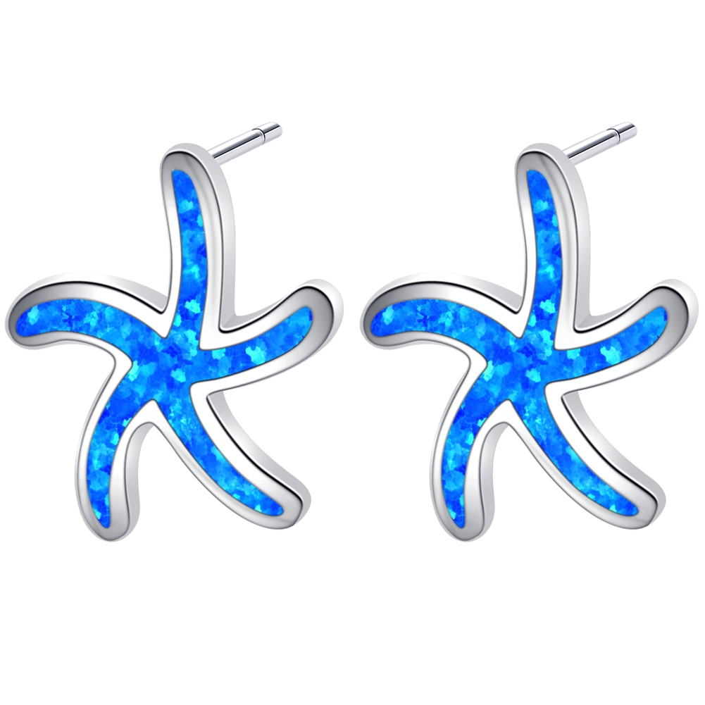 925 Sterling Silver Blue Lab-Created Opal Inlay Starfish Stud Earrings