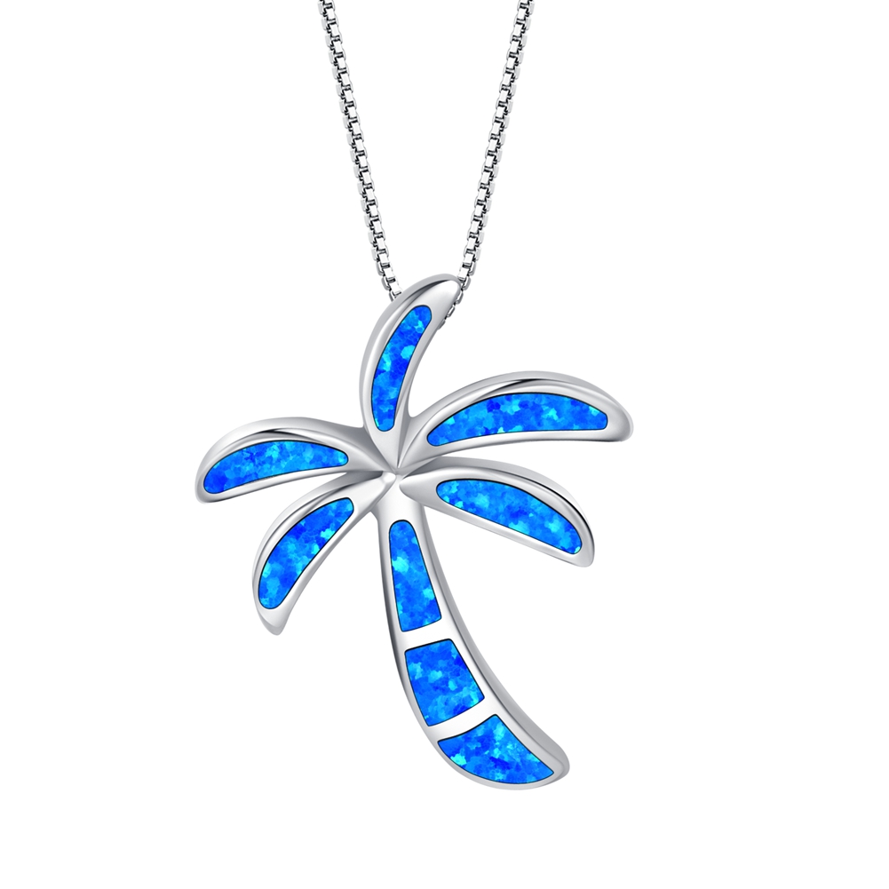 Sterling Silver Synthetic Blue Opal Palm Tree Pendant Necklace