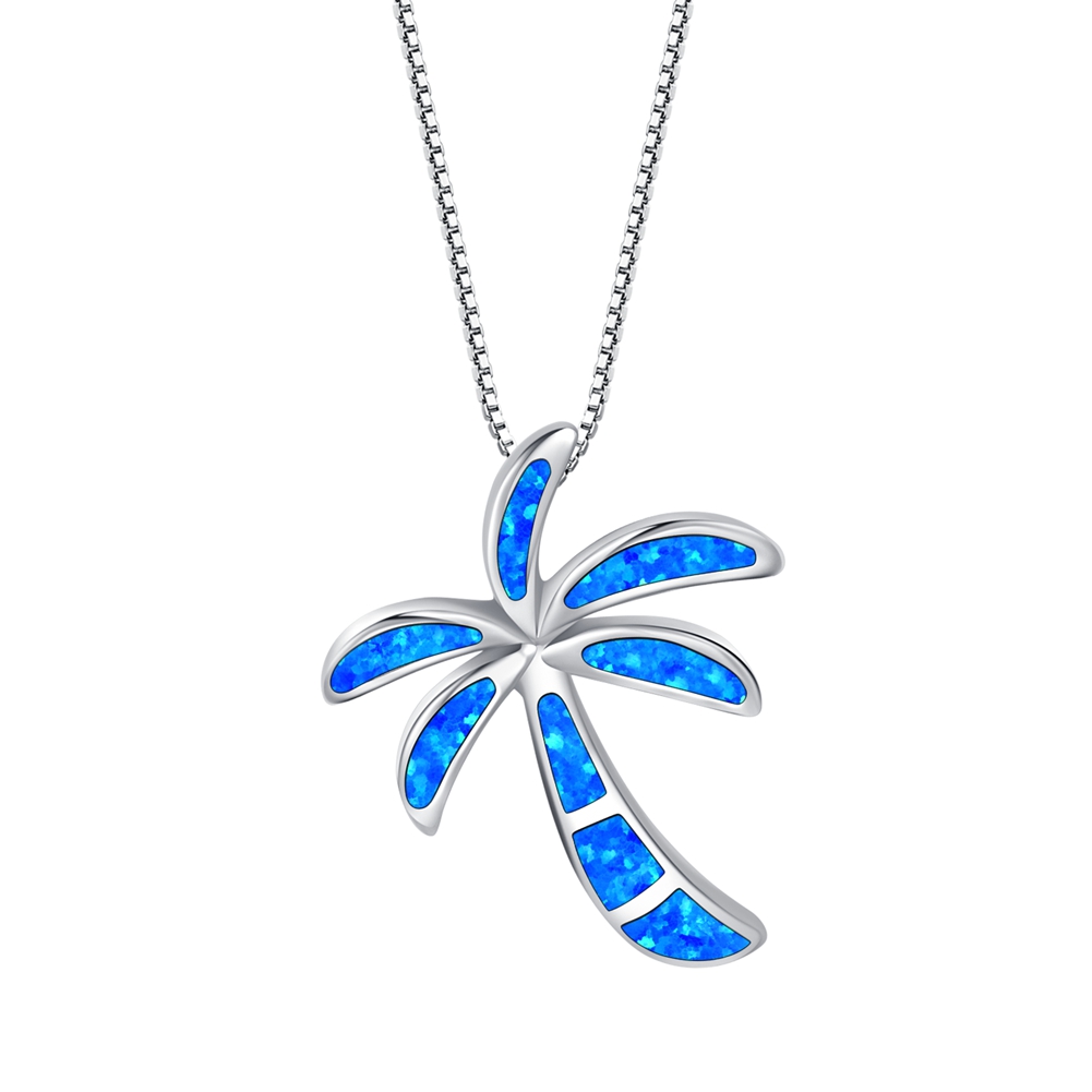 Sterling Silver Created Blue Opal Palm Tree Pendant