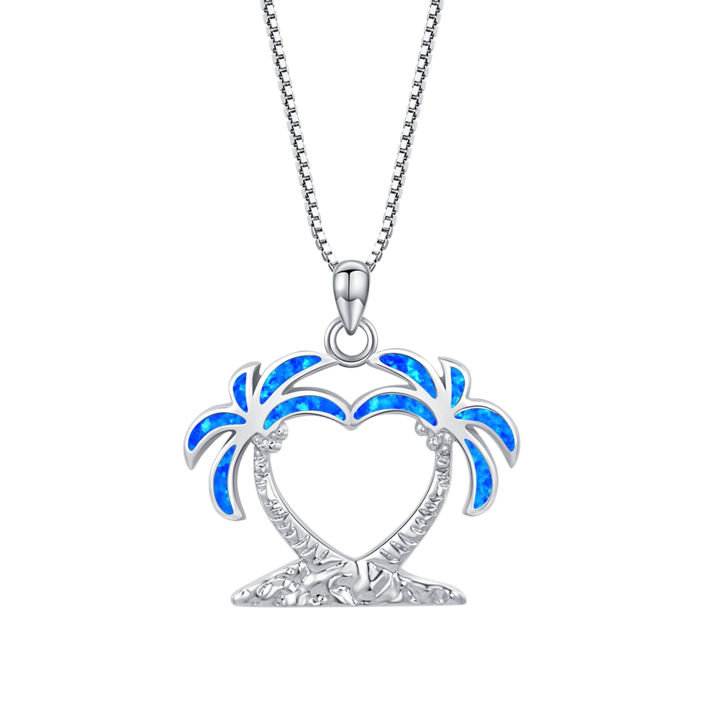 Palm Tree Necklace pendant for Women blue Fire Opal Sterling Silver