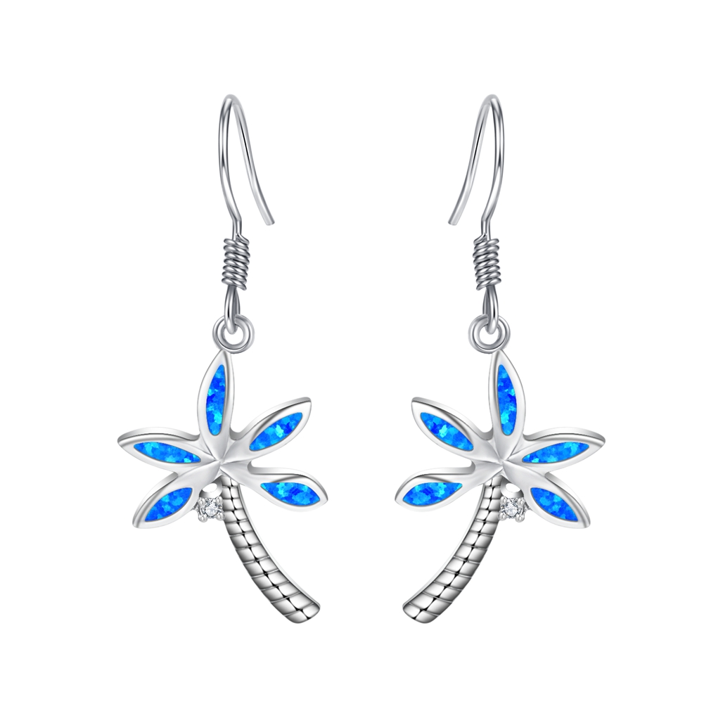 Sterling Silver Palm Tree Opal CZ dangle Earrings