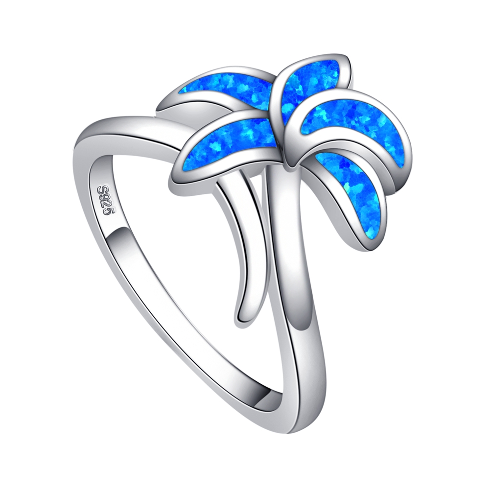 925 Sterling Silver Simulated Blue Opal Palm Tree Ladies Ring Band