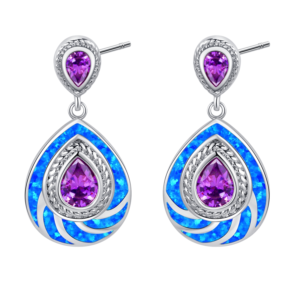 Sterling Silver Blue Lab Opal Pear Shaped Earrings With Tanzanite