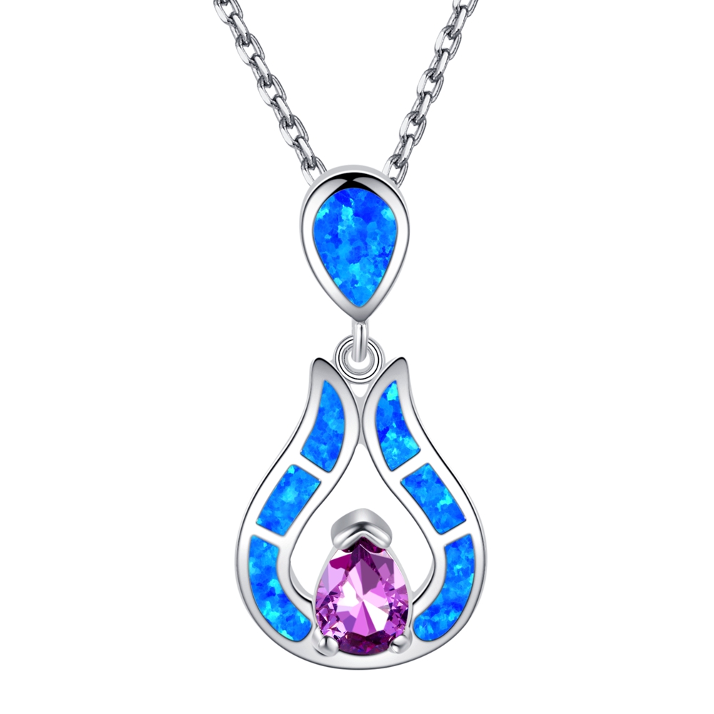  Amethyst & Blue Fire Opal Inlay Solid 925 Sterling Silver Pendant Necklace