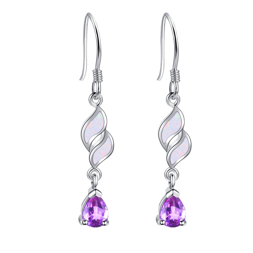 Cubic Zirconia  Amethyst Blue Opal Wave Teardrop 925 Sterling Silver  Dangle Earrings