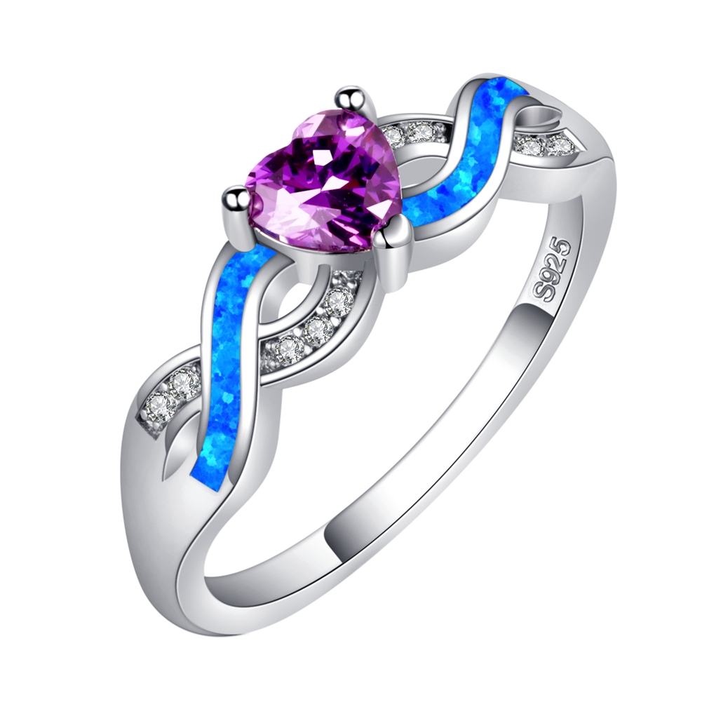 925 Sterling Silver Heart Simulated Amethyst Blue Simulated Opal Ring Band