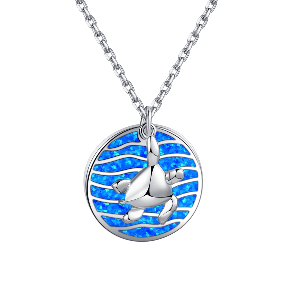 Sterling Silver  Unique Hawaiian Blue Opal Ocean Wave and turtle pendant Necklace