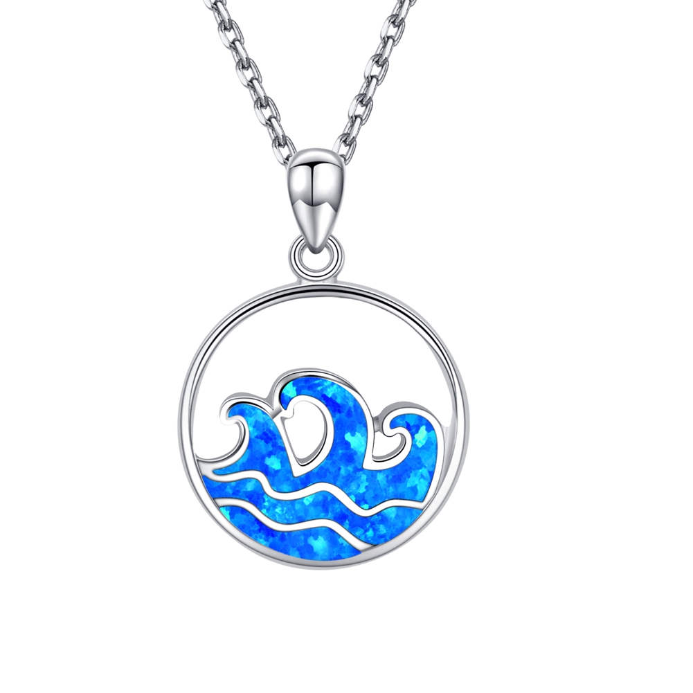 Rhodium plated 925 Sterling Silver Opal wave pendant   ocean wave charm