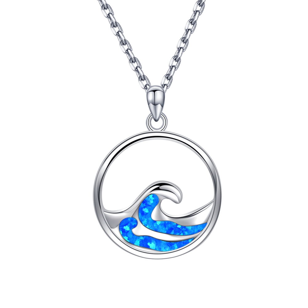 Sterling Silver Lab Created Blue Opal Wave Pendant