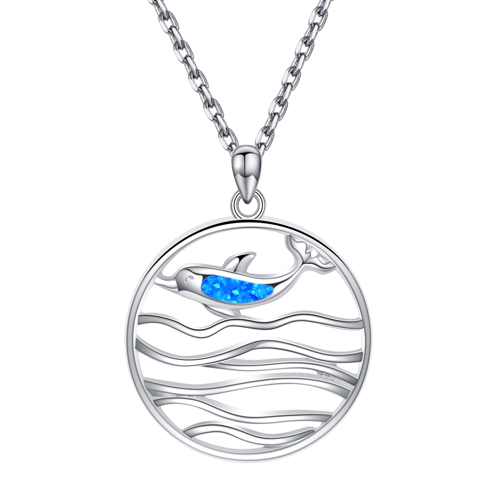 Sterling Silver Opal  Dolphin & Wave Pendant