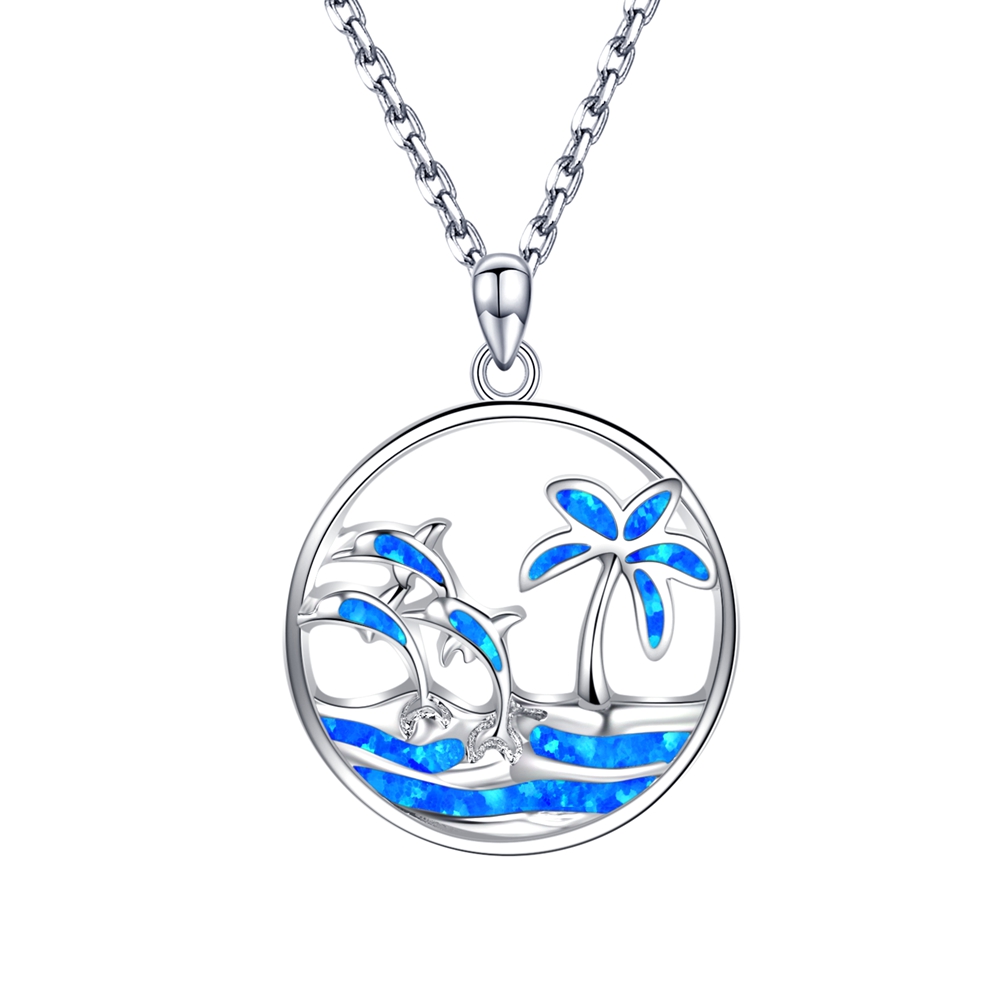 925 Sterling Silver Blue Opal dolphin Palm Tree Necklace Pendant Tortoise Beach Jewelry Gift 