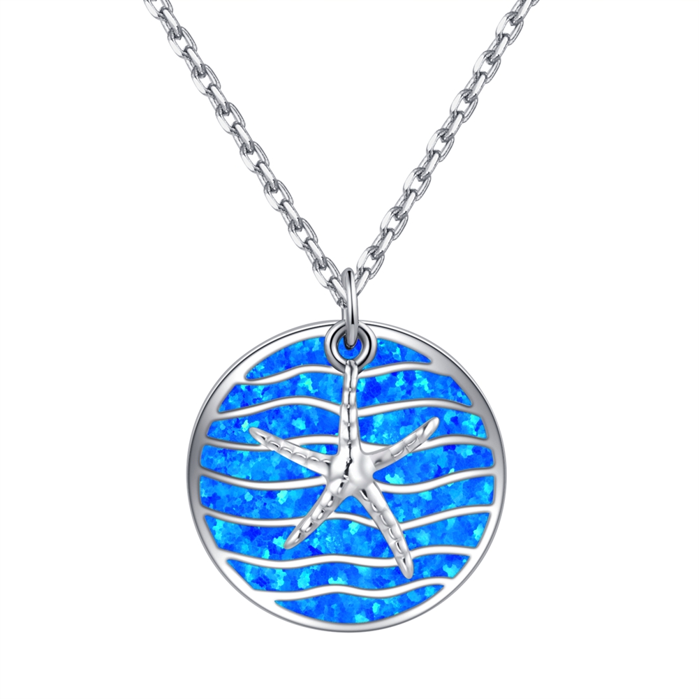 Sterling Silver Ocean Jewelry Starfish Wave Necklace Blue Opal Pendant for Women Jewelry Gifts