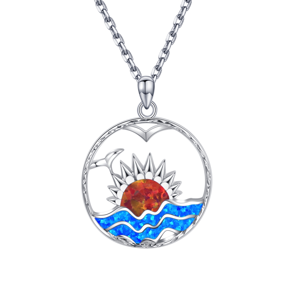 925 Sterling Silver Rhodium Plated Blue Inlay Simulated Opal Sunrise Pendant Necklace Jewelry for Women