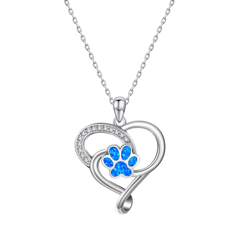 Sterling Silver Dog Paw Print Heart Necklace for Women  Blue Opal Cat Paw Dog Claw Necklace blue Stone Infinity Heart Pendant Necklace