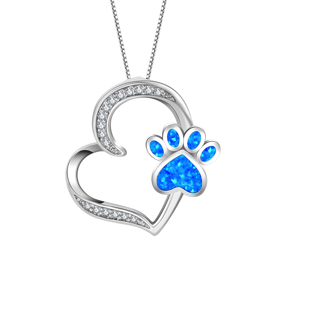 Sterling Silver Forever Love Dog Paw with Fire Opal Heart Cubic Zirconia Pendant Necklace for Women or Girls