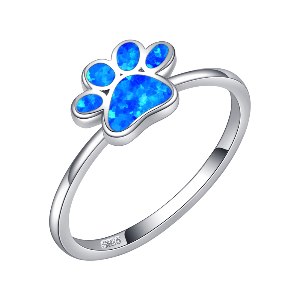 Sterling Silver Animal Memorial Pet Jewelry Gifts opal Paw Print Ring for women 