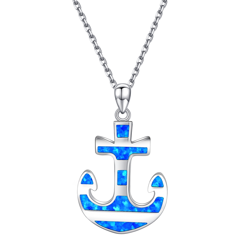 Blue Lab Created Opal Large Sterling Silver Anchor Pendant 