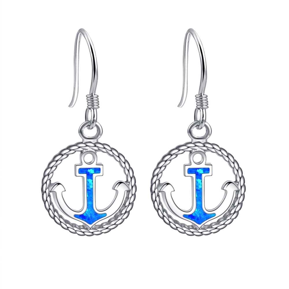 Rhodium 925 Sterling Silver with  blue Opal Anchor dangle earrings gift for her