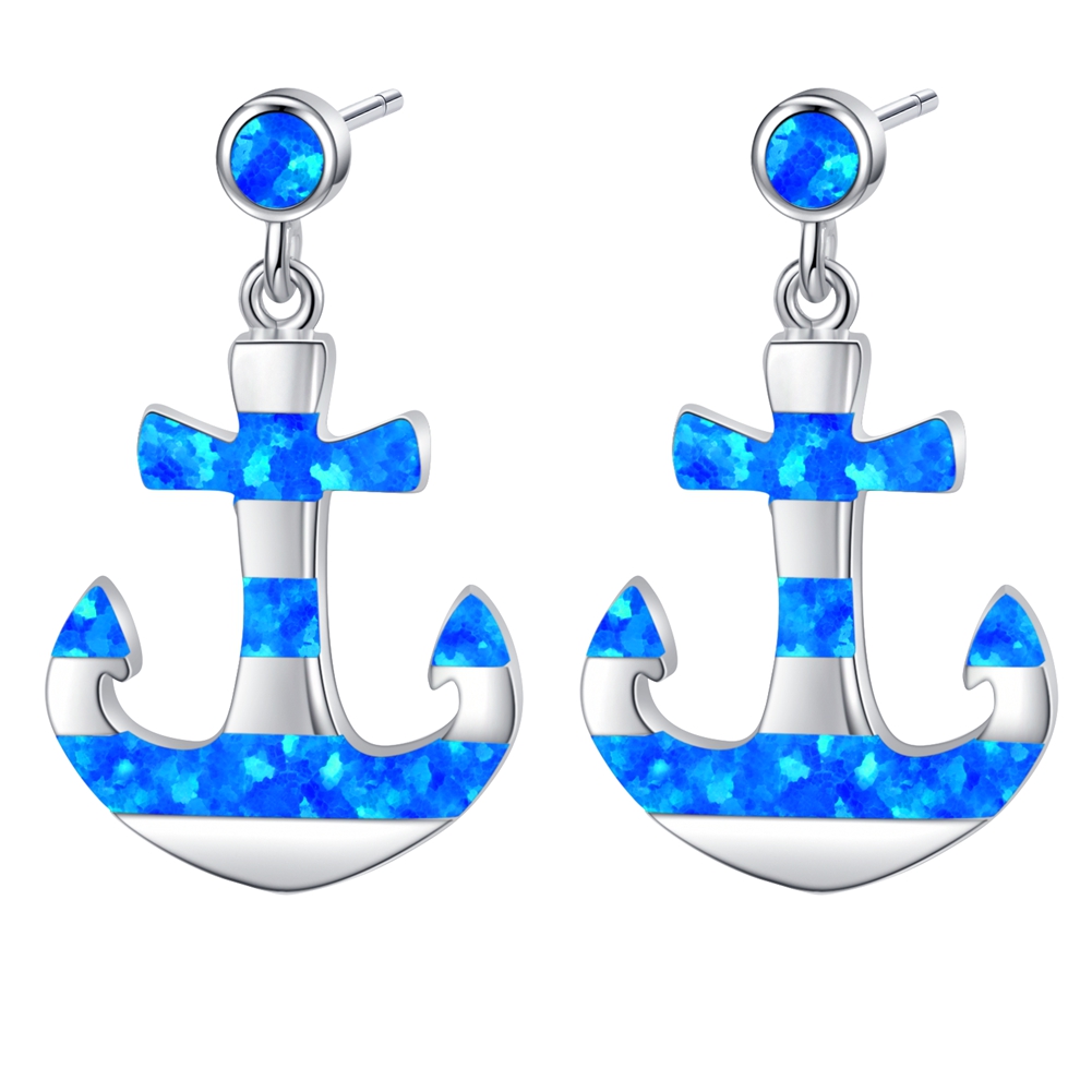 Solid 925 Sterling Silver Lab Created Opal  Anchor Stud Earrings