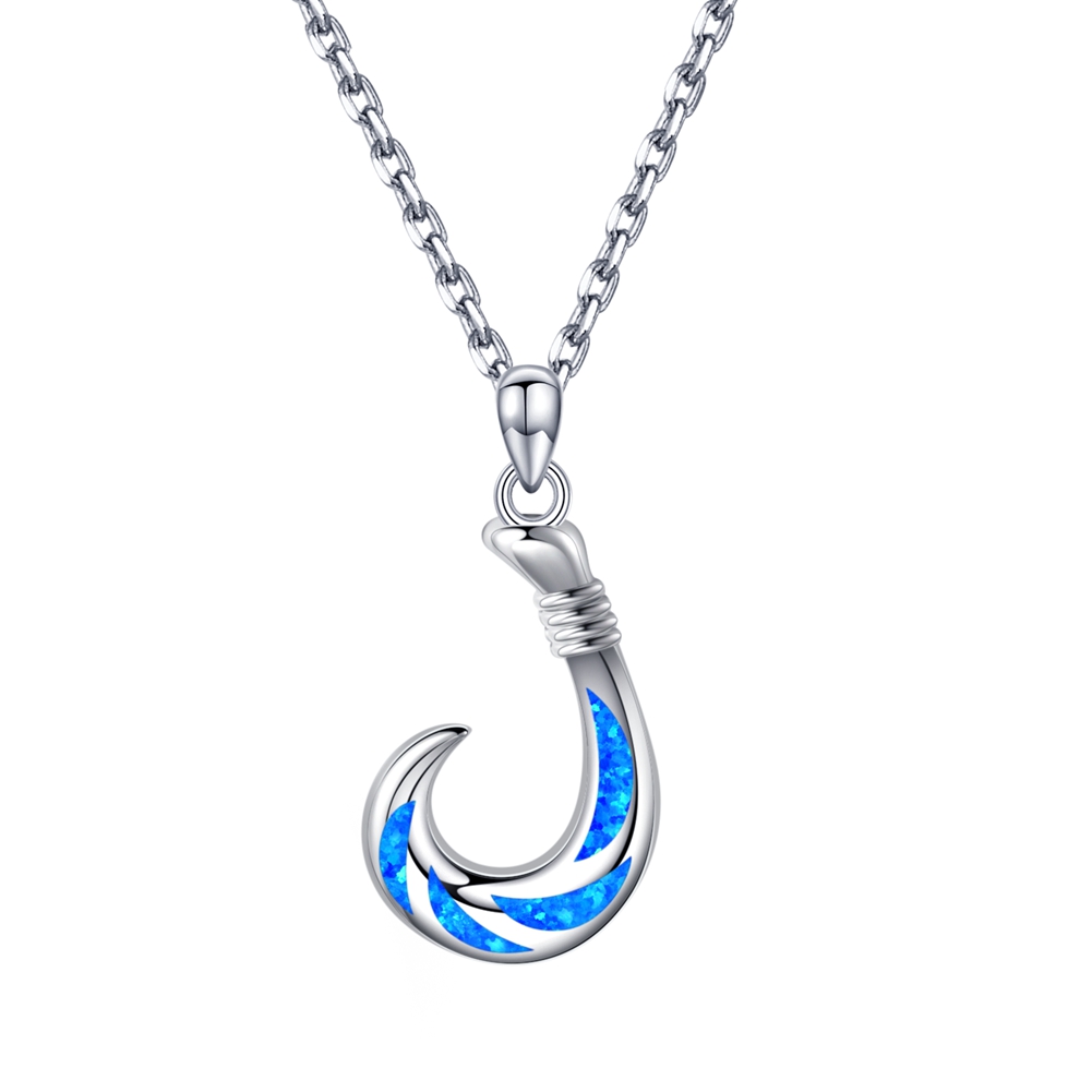 925 Sterling Silver Opal Fish Hook Necklace pendant Tropical Sea Life, Hawaiian Pendant Jewelry Gift For Him, Her