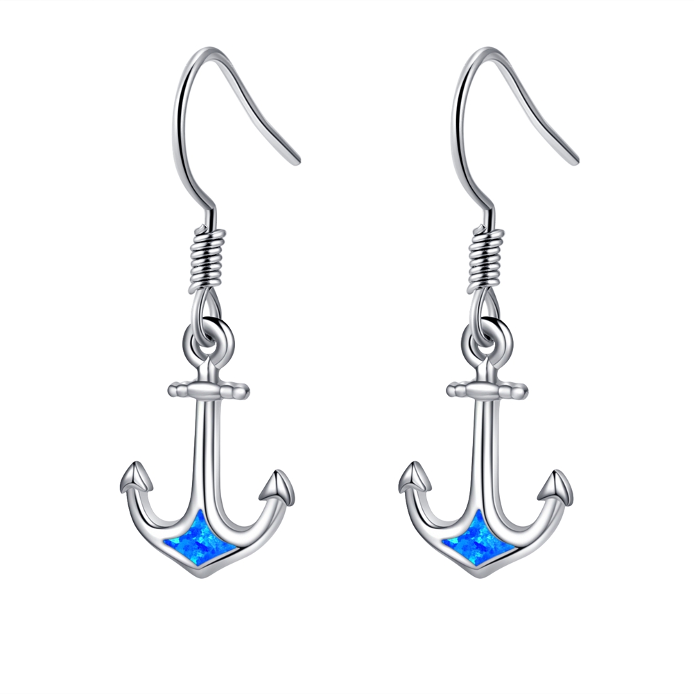 Sterling Silver Inlay blue Opal Anchor Dangle Earrings