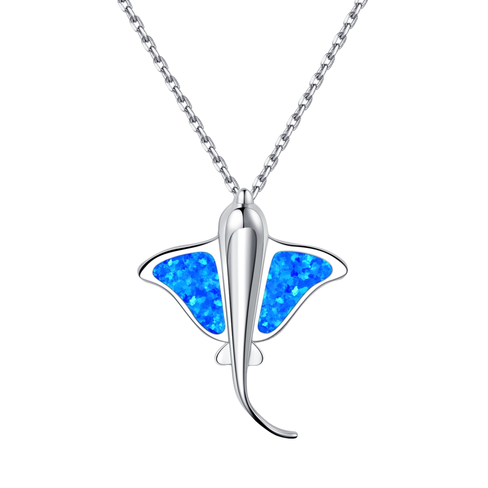 Hawaiian jewelry Large Blue Opal Stingray Necklace, Sterling Silver Blue Opal Sting Ray Pendant