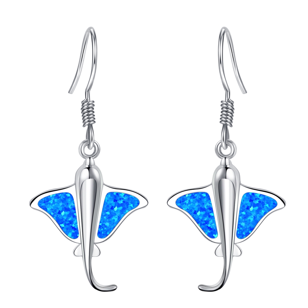 Sterling Silver Blue Inlay Created Opal Stingray dangle Earrings 