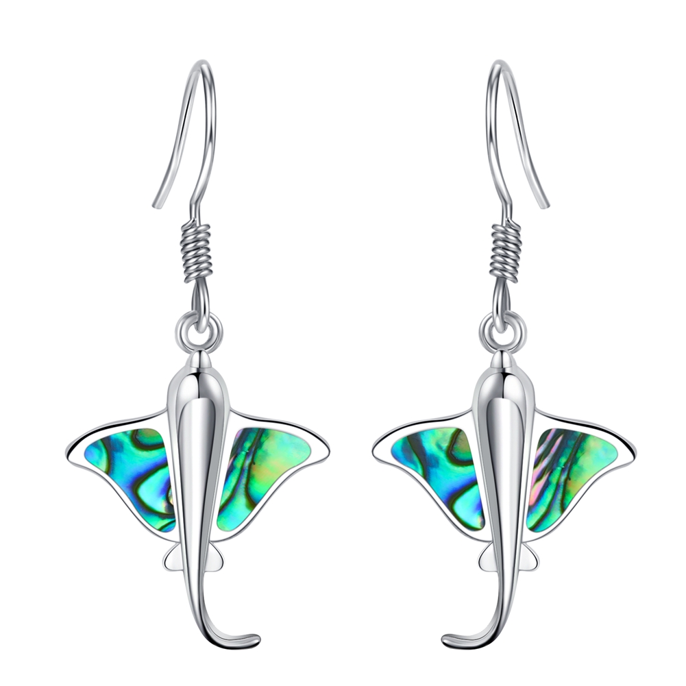 925 Sterling silver Hawaiian stingray fish abalone shell paua wire hook earrings