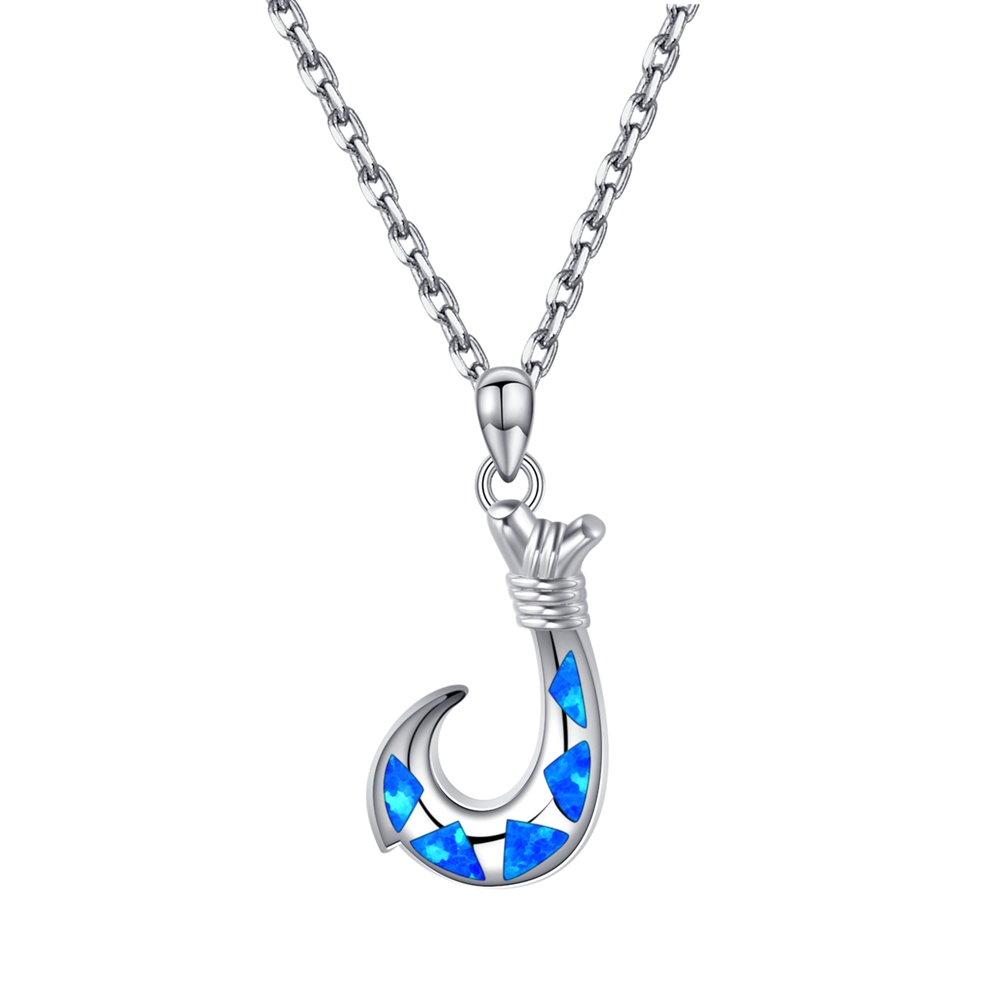 Sterling Silver Synthetic Blue Opal Fish Hook Pendant Necklace