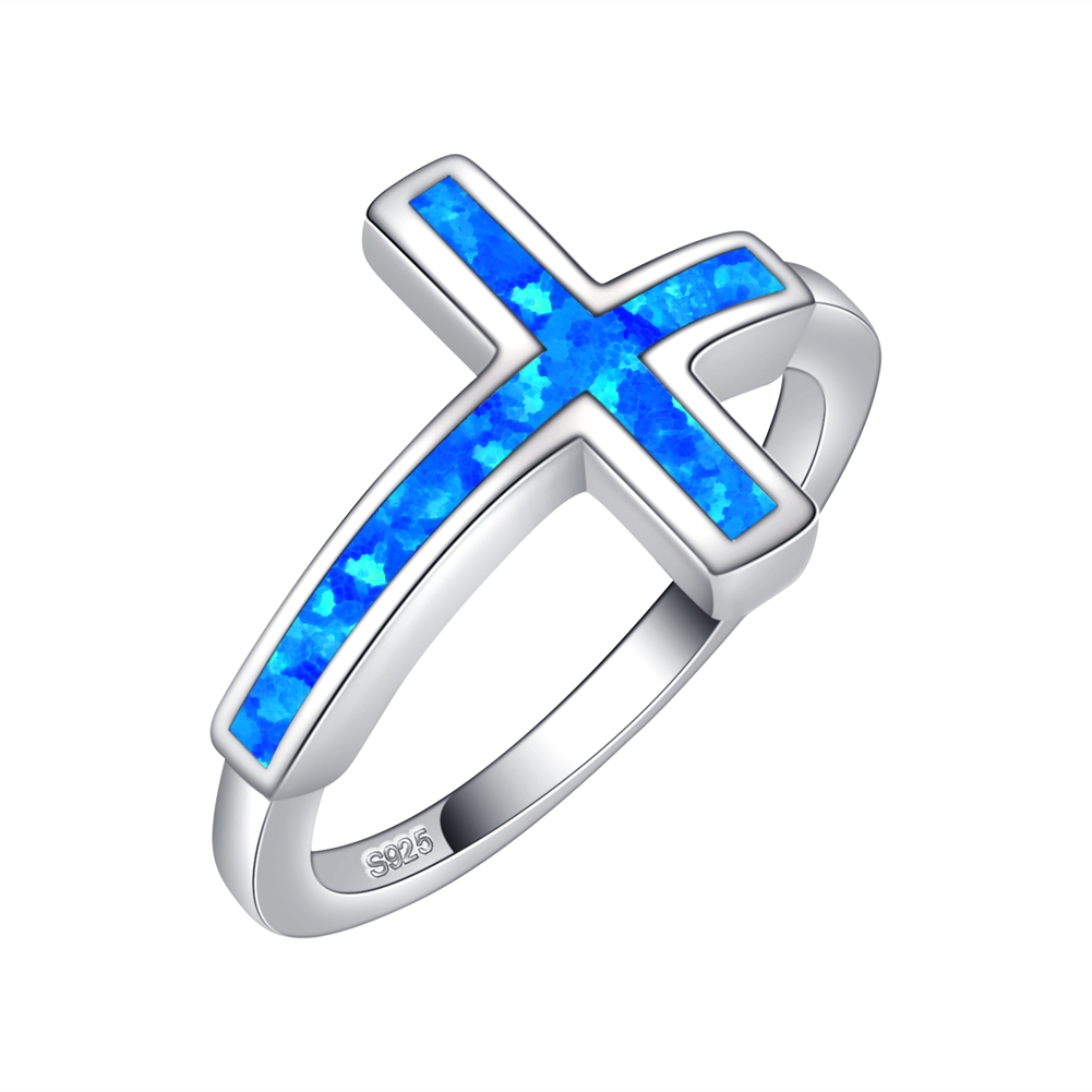 Sterling Silver Blue Inlay Opal Cross Ring