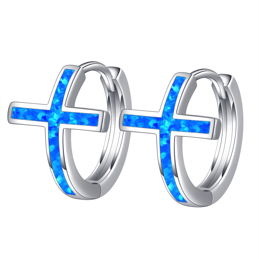 925 Sterling silver Cute Female Dainty Blue Opal Hoop Cross Earrings 