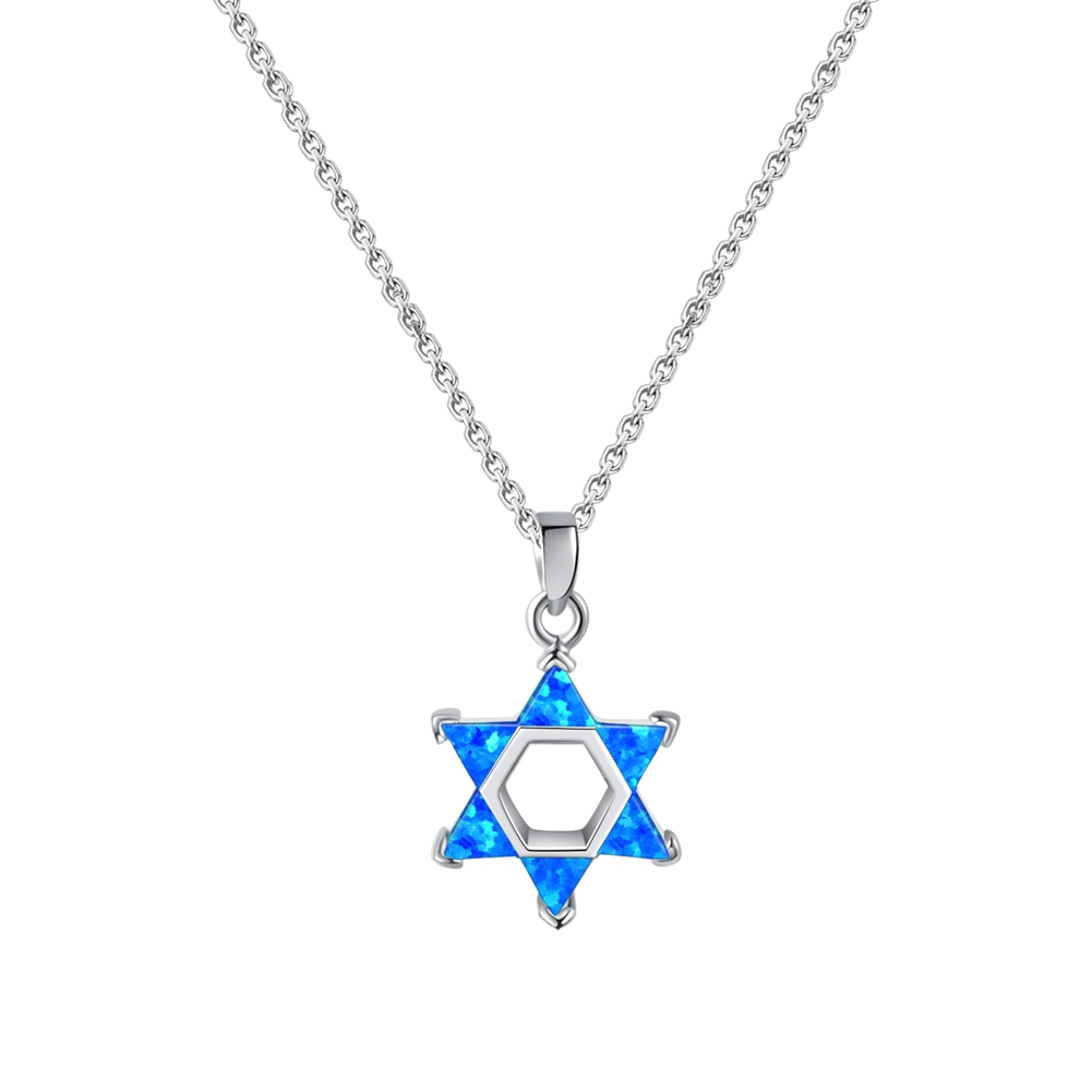 Inlay Opal Star of David Necklace Pendant Sterling Silver