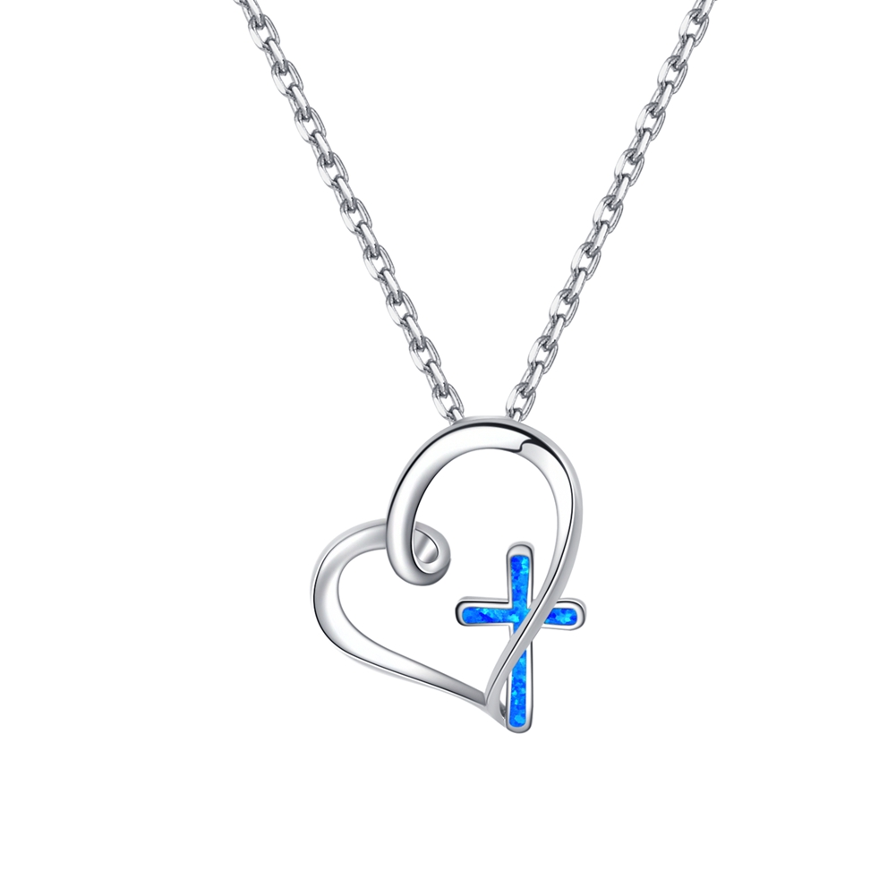 Sterling Silver Opal  inlay Cross Heart Pendant Necklace