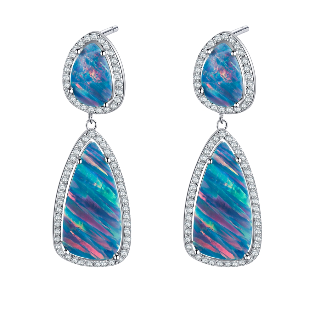 925 Sterling silver Blue Opal Classic Teardrop stud long Earrings 