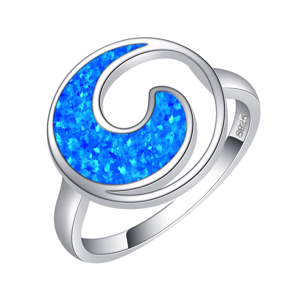 Anillo de onda de ópalo de laboratorio azul océano con banda de plata de ley 925