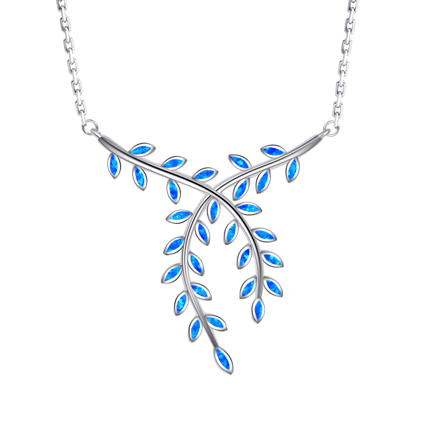 925 Sterling Silver Created Blue Opal Olive Branch Maile Leaf Necklace Pendant