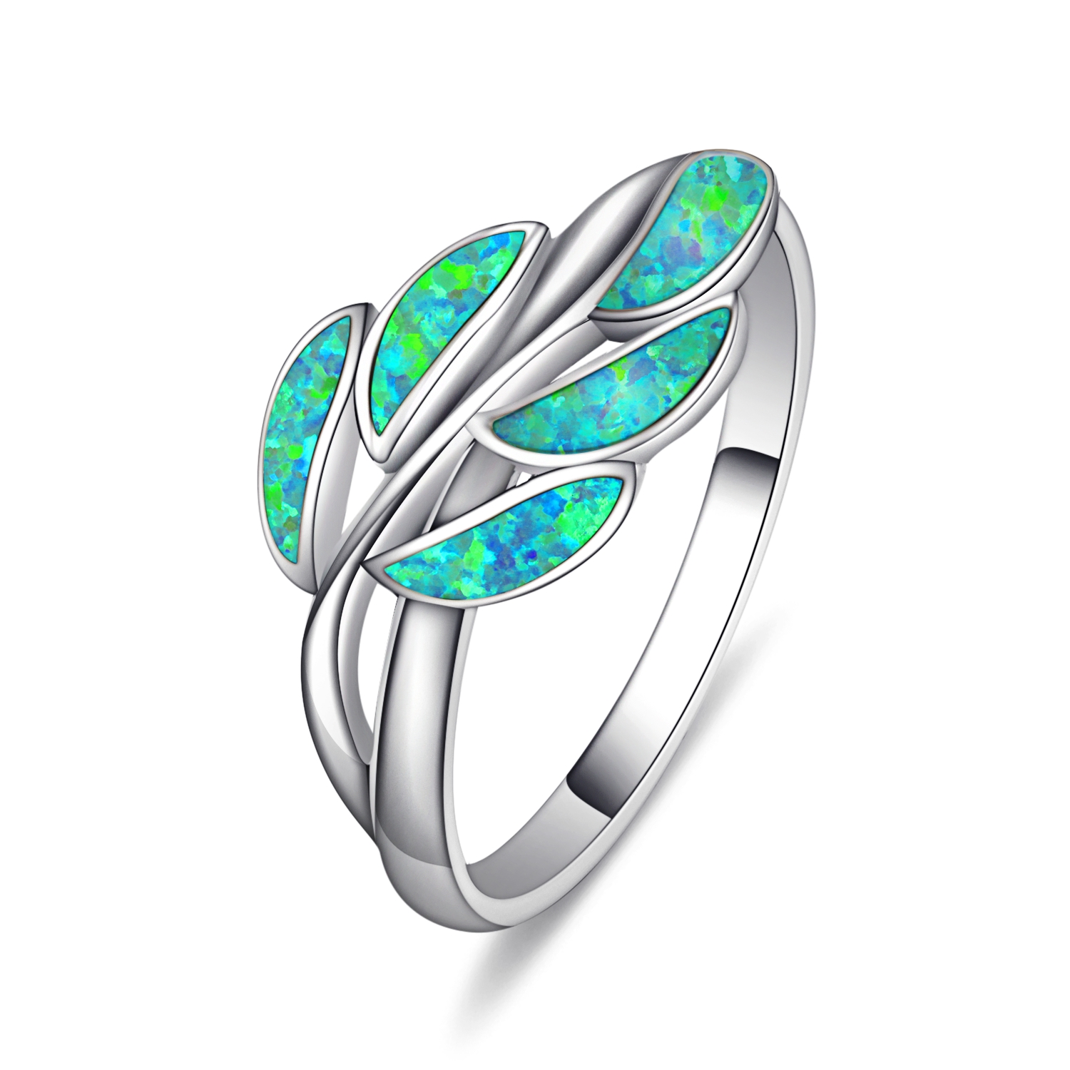 Unique Beautiful Sterling Silver Hawaiian Blue Opal Maile Leaf Ring   Eternity Band Ring