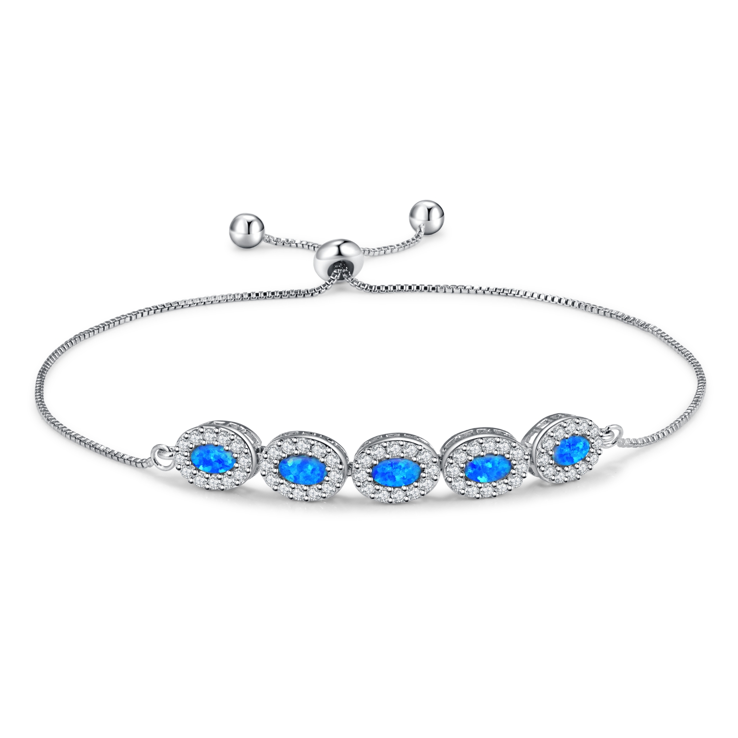 925 Sterling Silver Simulated Opal Adjustable Bracelet oval shape 5 stone