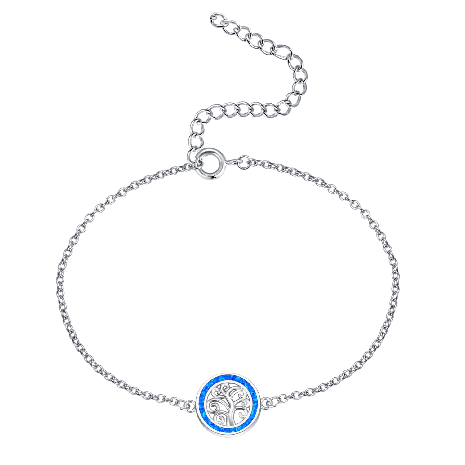 Pulsera de plata de ley 925 con árbol de la vida y ópalo azul