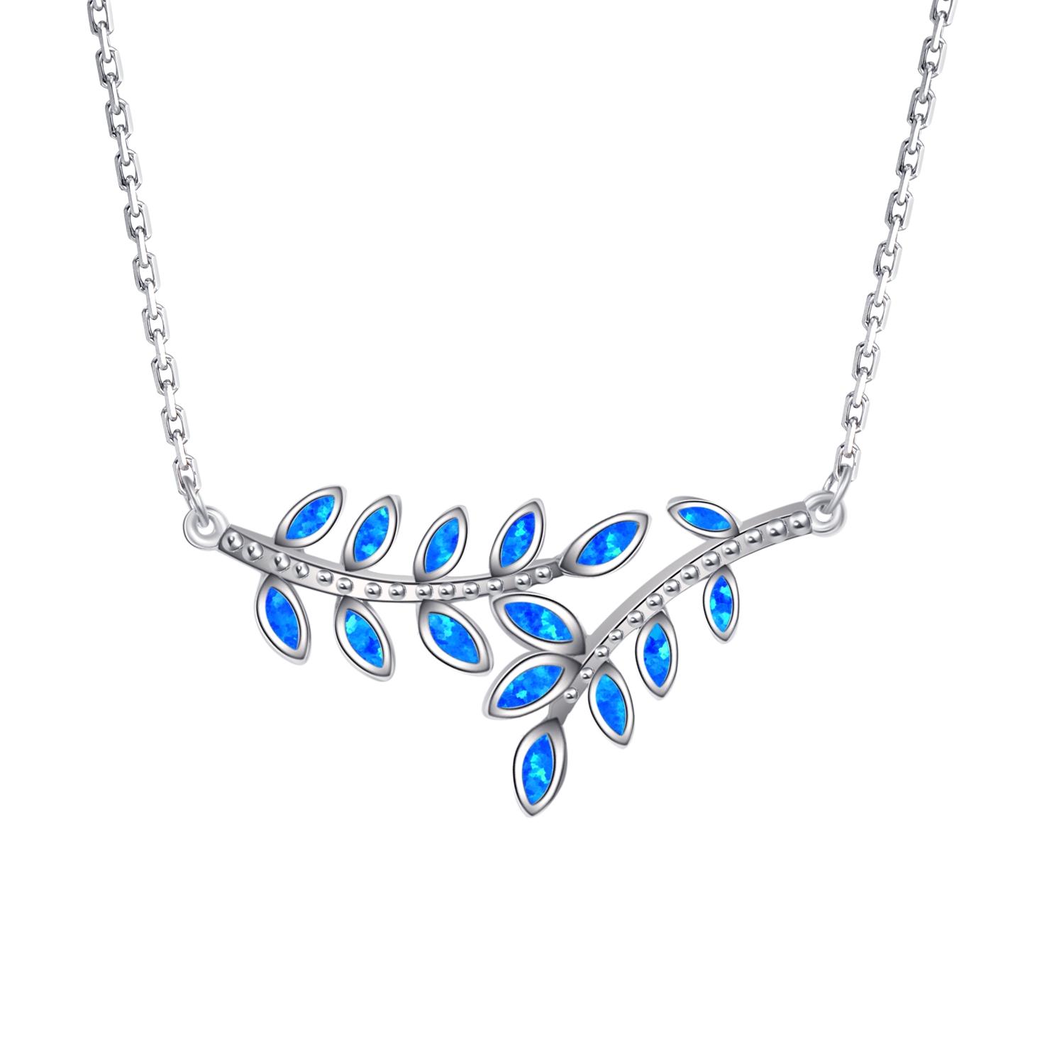 Sterling Silver Blue Opal Trendy Leaf Necklace