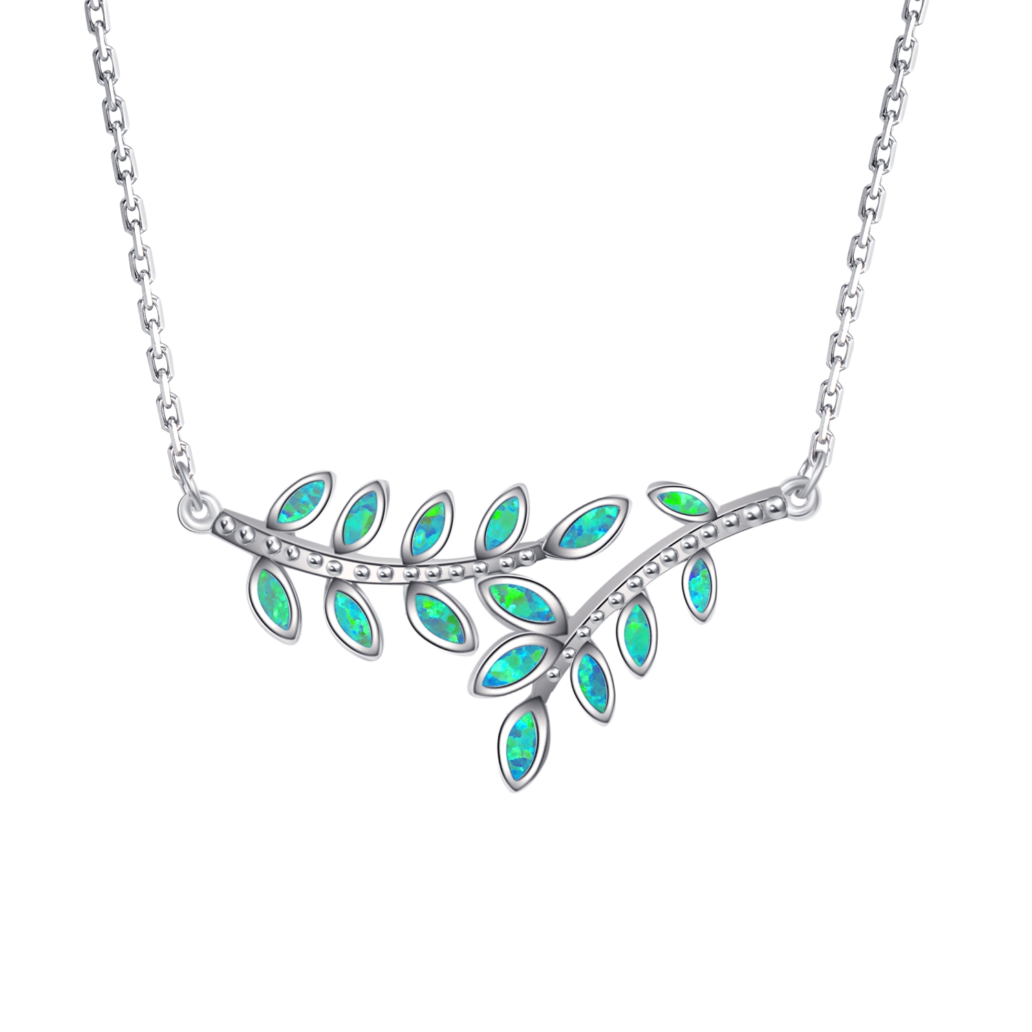 Sterling Silver Blue Opal Trendy Leaf Necklace